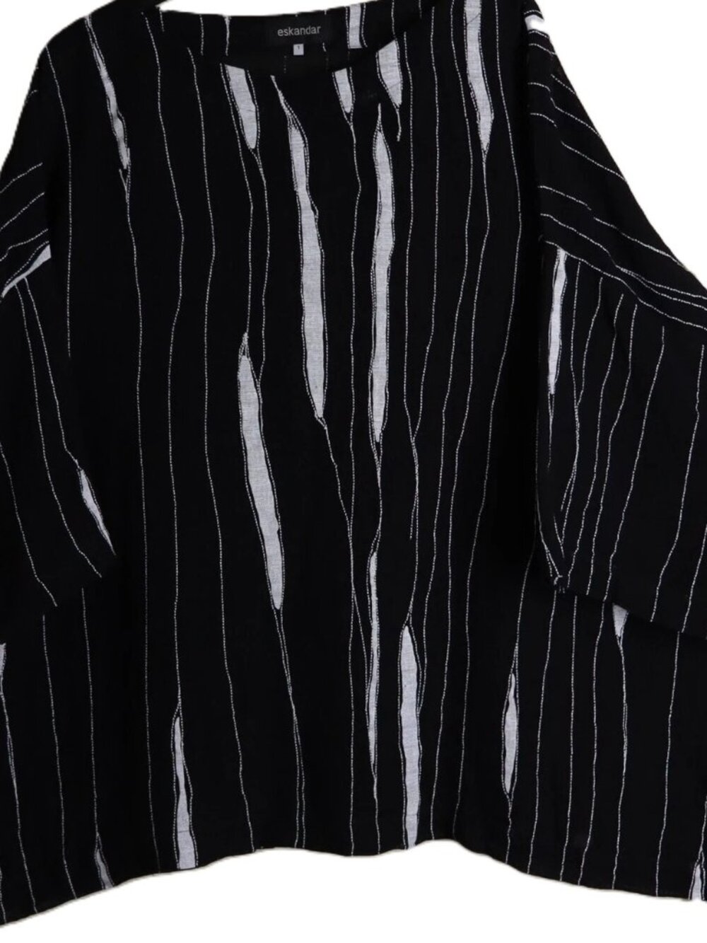 Eskandar Tunic B59" OSFA Airy Textured Linen Gauze, Black/White, Artist's Stripe